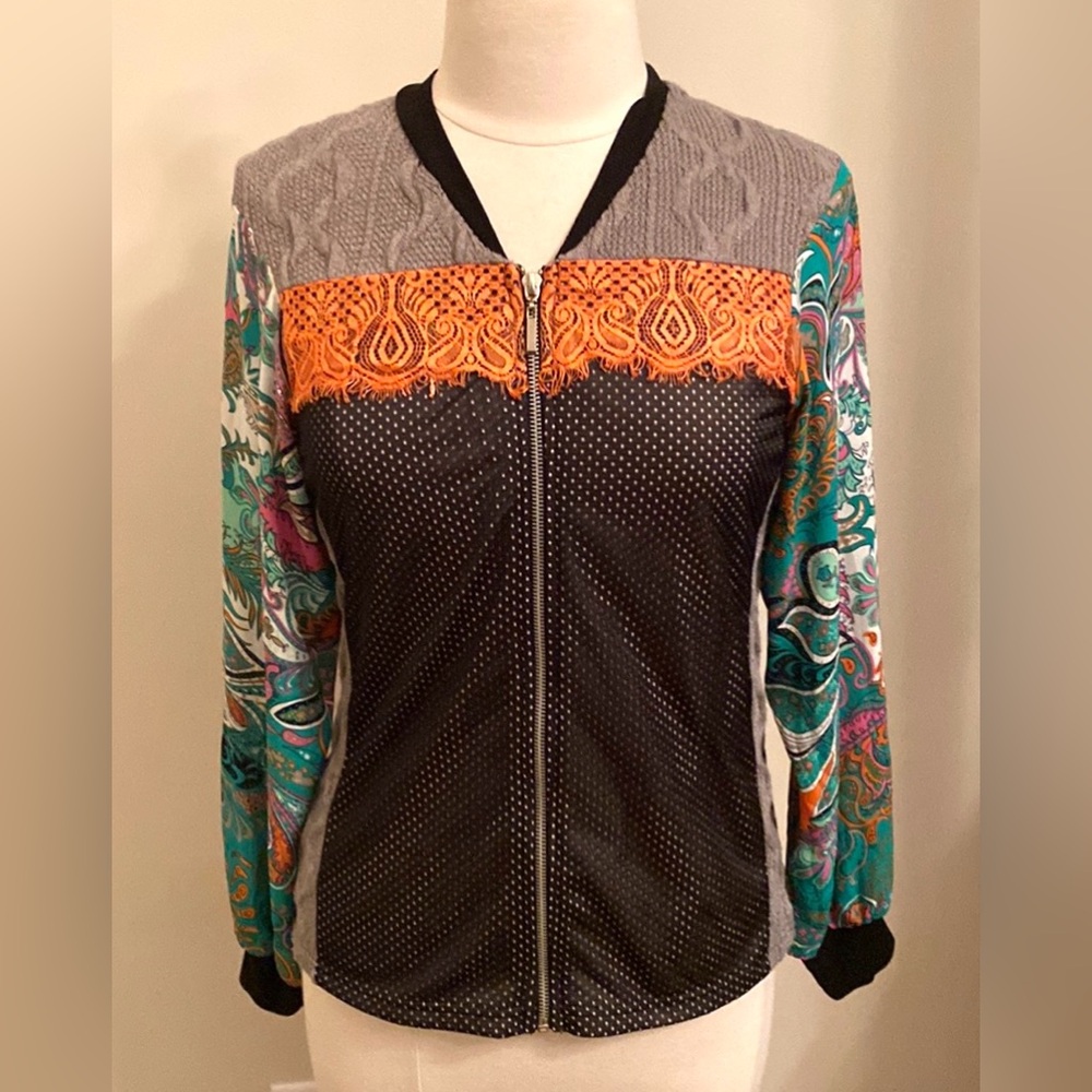 Gimmicks by BKE Black Orange Lace Sweater S Edgy Boho Whimsigoth Festival Jacket
